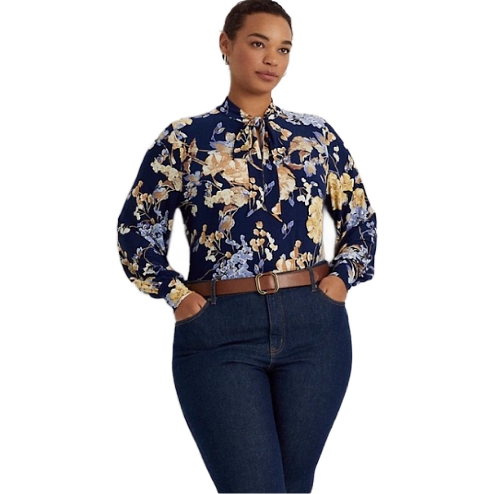 NWT Lauren Ralph Lauren Floral Tie-Neck Stretch Jersey Long Sleeve Plus, Size 2X